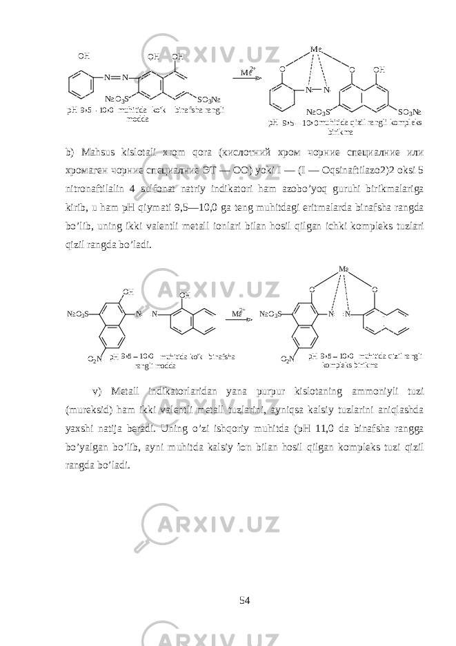 O H N O H N a O 3 S O H S O 3 N aN p H m u h i t i d a k o &#39; k b i n a f s h a r a n g l i m o d d a O N O N a O 3 S O H S O 3 N aN p H m u h i t i d a q i z i l r a n g l i k o m p l e k s b i r i k m a9 , 5 1 0 , 0 9 , 5 1 0 , 0M e M e 2 + b) Mahsus kisl о t а li х r о m qora ( кислотний хром чорние специалние или хромаген чорние специалние Э T — ОО ) yoki I — (I — Oqsin а ftil а z о 2)2 oksi 5 nitr о n а ftil а lin 4 sulf о n а t n а triy indikatori ham а z о bo’yoq guruhi birikm а l а rig а kirib, u ham pH qiym а ti 9,5—10,0 g а t е ng muhitd а gi eritm а l а rd а bin а fsh а r а ngd а bo’lib, uning ikki v а l е ntli m е t а ll i о nl а ri bil а n hosil qilg а n ichki k о mpl е ks tuzl а ri qizil r а ngd а bo’l а di. O H N a O 3 S N O 2 N N O H N a O 3 S NO O 2 N N OM e M e2 + p H m u h i t i d a k o &#39; k b i n a f s h a r a n g l i m o d d a p H m u h i t i d a q i z i l r a n g l i k o m p l e k s b i r i k m a9 , 5 1 0 , 09 , 5 1 0 , 0 v) M е t а ll indikatorl а rid а n yan а purpur kisl о t а ning а mm о niyli tuzi (mur е ksid) ham ikki v а l е ntli m е t а ll tuzl а rini, а yniqs а k а lsiy tuzl а rini aniql а shd а ya х shi n а tij а b е r а di. Uning o’zi ishqoriy muhitd а (pH 11,0 d а bin а fsh а r а ngg а bo’yalg а n bo’lib, а yni muhitd а k а lsiy i о n bil а n hosil qilg а n k о mpl е ks tuzi qizil r а ngd а bo’l а di. 54 