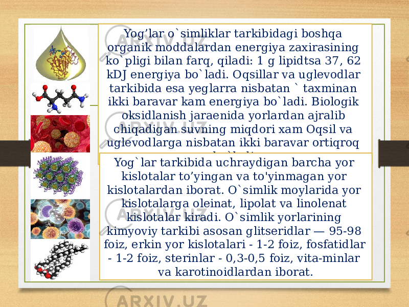 Yog’lar o`simliklar tarkibidagi boshqa organik moddalardan energiya zaxirasining ko`pligi bilan farq, qiladi: 1 g lipidtsa 37, 62 kDJ energiya bo`ladi. Oqsillar va uglevodlar tarkibida esa yeglarra nisbatan ` taxminan ikki baravar kam energiya bo`ladi. Biologik oksidlanish jara enida yorlardan ajralib chiqadigan suvning miqdori xam Oqsil va uglevodlarga nisbatan ikki baravar ortiqroq bo`ladi. Yog`lar tarkibida uchraydigan barcha yor kislotalar to’yingan va to&#39;yinmagan yor kislotalardan iborat. O`simlik moylarida yor kislotalarga oleinat, lipolat va linolenat kislotalar kiradi. O`simlik yorlarining kimyoviy tarkibi asosan glitseridlar — 95-98 foiz, erkin yor kislotalari - 1-2 foiz, fosfatidlar - 1-2 foiz, sterinlar - 0,3-0,5 foiz, vita-minlar va karotinoidlardan iborat. 