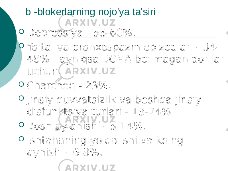 b -blokerlarning nojo&#39;ya ta&#39;siri  Depressiya - 55-60%.  Yo&#39;tal va bronxospazm epizodlari - 34- 48% - ayniqsa BCMA bo&#39;lmagan dorilar uchun.  Charchoq - 23%.  Jinsiy quvvatsizlik va boshqa jinsiy disfunktsiya turlari - 13-24%.  Bosh aylanishi - 5-14%.  Ishtahaning yo&#39;qolishi va ko&#39;ngil aynishi - 6-8%. 