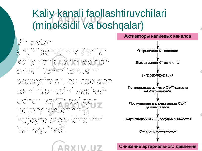 Kaliy kanali faollashtiruvchilari (minoksidil va boshqalar)  Bir qator antihipertenziv dorilar kaliy kanallarini ochish orqali tomir tonusini pasaytiradi, bu esa qon tomir tonusini saqlash uchun zarur bo&#39;lgan kaltsiy ionlarining hujayralarga kirishini kamaytiradi. 