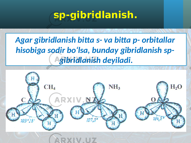 sp-gibridlanish. Agar gibridlanish bitta s- va bitta p- orbitallar hisobiga sodir bo‘lsa, bunday gibridlanish sp- gibridlanish deyiladi. 