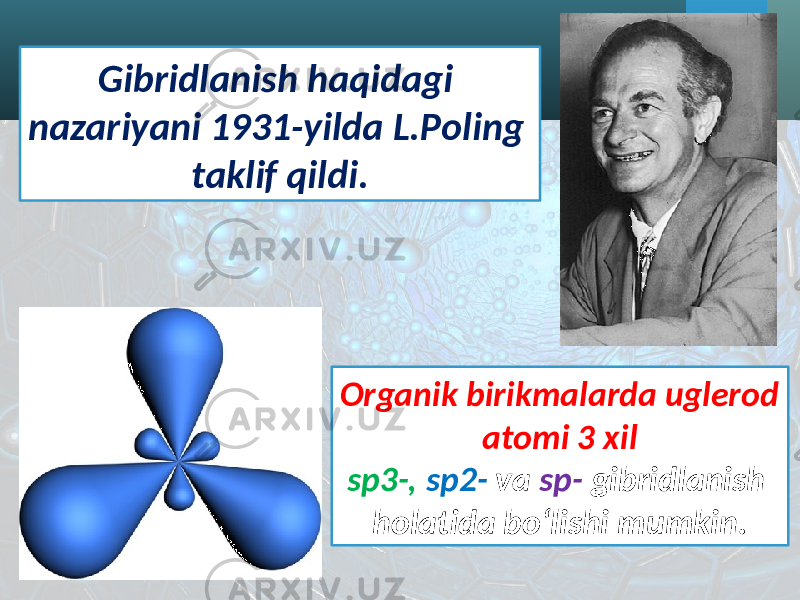 Gibridlanish haqidagi nazariyani 1931-yilda L.Poling taklif qildi. Organik birikmalarda uglerod atomi 3 xil sp3-, sp2- va sp- gibridlanish holatida bo‘lishi mumkin. 