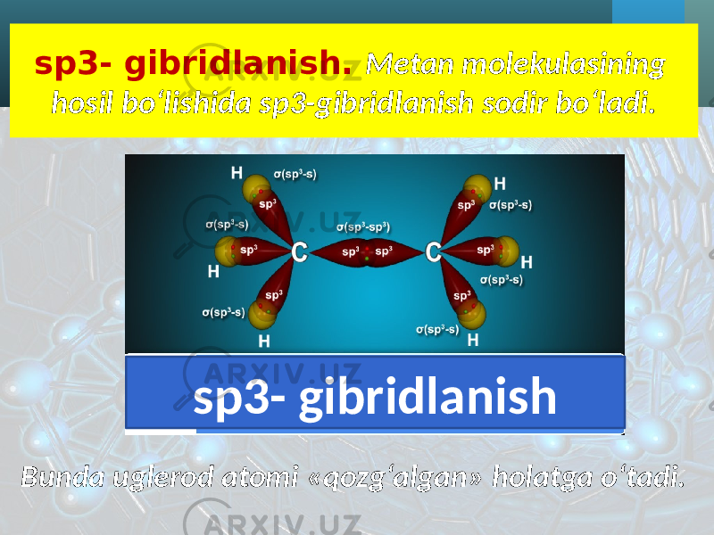 sp3- gibridlanish. Metan molekulasining hosil bo‘lishida sp3-gibridlanish sodir bo‘ladi. Bunda uglerod atomi «qozg‘algan» holatga o‘tadi. sp3- gibridlanish 