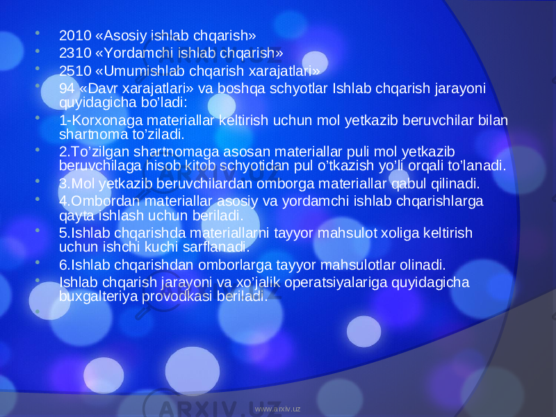  2010 «Asosiy ishlab chqarish»  2310 «Yordamchi ishlab chqarish»  2510 «Umumishlab chqarish xarajatlari»  94 «Davr xarajatlari» va boshqa schyotlar Ishlab chqarish jarayoni quyidagicha bo’ladi:  1-Korxonaga materiallar keltirish uchun mol yetkazib beruvchilar bilan shartnoma to’ziladi.  2.To’zilgan shartnomaga asosan materiallar puli mol yetkazib beruvchilaga hisob kitob schyotidan pul o’tkazish yo’li orqali to’lanadi.  3.Mol yetkazib beruvchilardan omborga materiallar qabul qilinadi.  4.Ombordan materiallar asosiy va yordamchi ishlab chqarishlarga qayta ishlash uchun beriladi.  5.Ishlab chqarishda materiallarni tayyor mahsulot xoliga keltirish uchun ishchi kuchi sarflanadi.  6.Ishlab chqarishdan omborlarga tayyor mahsulotlar olinadi.  Ishlab chqarish jarayoni va xo’jalik operatsiyalariga quyidagicha buxgalteriya provodkasi beriladi.    www.arxiv.uz 