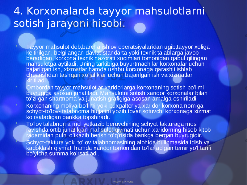 4. Korxonalarda tayyor mahsulotlarni sotish jarayoni hisobi.  Tayyor mahsulot deb,barcha ishlov operatsiyalaridan ugib,tayyor xoliga keltirilgan, belgilangan davlat standarta yoki texnik talablarga javob beradigan, korxona texnik nazorati xodimlari tomonidan qabul qilingan mahsulotga aytiladi. Uning tarkibiga buyurtmachilar korxonalar uchun bajarilgan ish, xizmatlar hamda ushbu korxonaga qarashli ishlab chqarishdan tashqari xo’jaliklar uchun bajarilgan ish va xizmatlar kiritiladi.  Ombordan tayyor mahsulotlar xaridorlarga korxonaning sotish bo’limi buyrugiga asosan junatiladi. Mahsulotni sotish xaridor korxonalar bilan to’zilgan shartnoma va junatish grafigiga asosan amalga oshiriladi.  Korxonaning moliya bo’limi yoki buxgalteriya xaridor korxona nomiga schyot-to’lov- talabnoma hujjatini yozib.tovar sotuvchi korxonaga xizmat ko’rsatadigan bankka topshiradi.  To’lov talabnoma mol yetkazib beruvchining schyot fakturaga mos ravishda ortib junatilgan mahsulot qiymati uchun xaridorning hisob kitob raqamidan pulni o’tkazib berish to’q’risida bankga bergan buyrugidir.  Schyot-faktura yoki to’lov talabnomasining alohida bulinmasida idish va kadoklash qiymati hamda xaridor tomonidan to’lanadigan temir yo’l tarifi bo’yicha summa ko’rsatiladi. www.arxiv.uz 