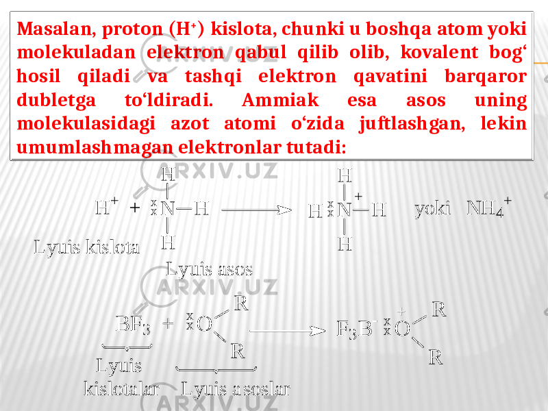 Masalan, proton (H + ) kislota, chunki u boshqa atom yoki molekuladan elektron qabul qilib olib, kovalent bog‘ hosil qiladi va tashqi elektron qavatini barqaror dubletga to‘ldiradi. Ammiak esa asos uning molekulasidagi azot atomi o‘zida juftlashgan, lekin umumlashmagan elektronlar tutadi: H+ + x x N HH H x x N HH HH + L y u i s k i s l o t a L y u i s a s o s y o k i N H 4 + L y u is k is lo ta la r L y u is a s o s la r B F 3 + O R R x x F 3 B - O R R x x + 