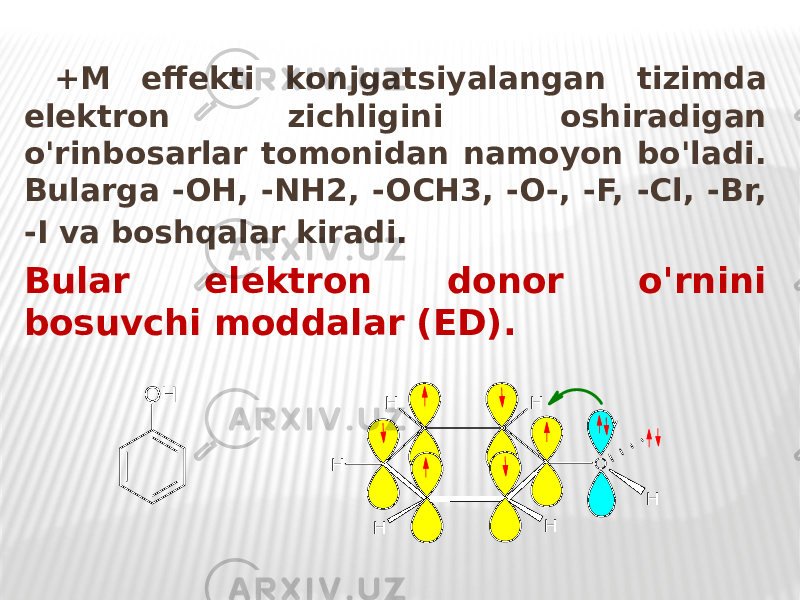 +M effekti konjgatsiyalangan tizimda elektron zichligini oshiradigan o&#39;rinbosarlar tomonidan namoyon bo&#39;ladi. Bularga -OH, -NH2, -OCH3, -O-, -F, -Cl, -Br, -I va boshqalar kiradi. Bular elektron donor o&#39;rnini bosuvchi moddalar (ED).H O H H H H H .. O H 