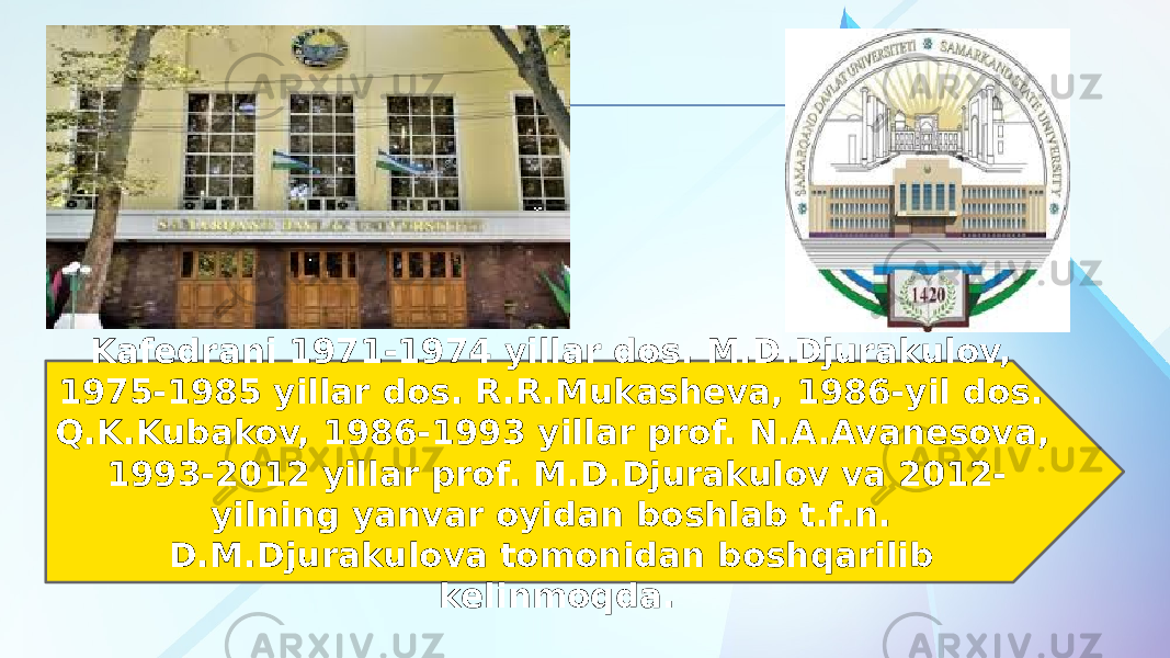 Kafedrani 1971-1974 yillar dos. M.D.Djurakulov, 1975-1985 yillar dos. R.R.Mukasheva, 1986-yil dos. Q.K.Kubakov, 1986-1993 yillar prof. N.A.Avanesova, 1993-2012 yillar prof. M.D.Djurakulov va 2012- yilning yanvar oyidan boshlab t.f.n. D.M.Djurakulova tomonidan boshqarilib kelinmoqda. 