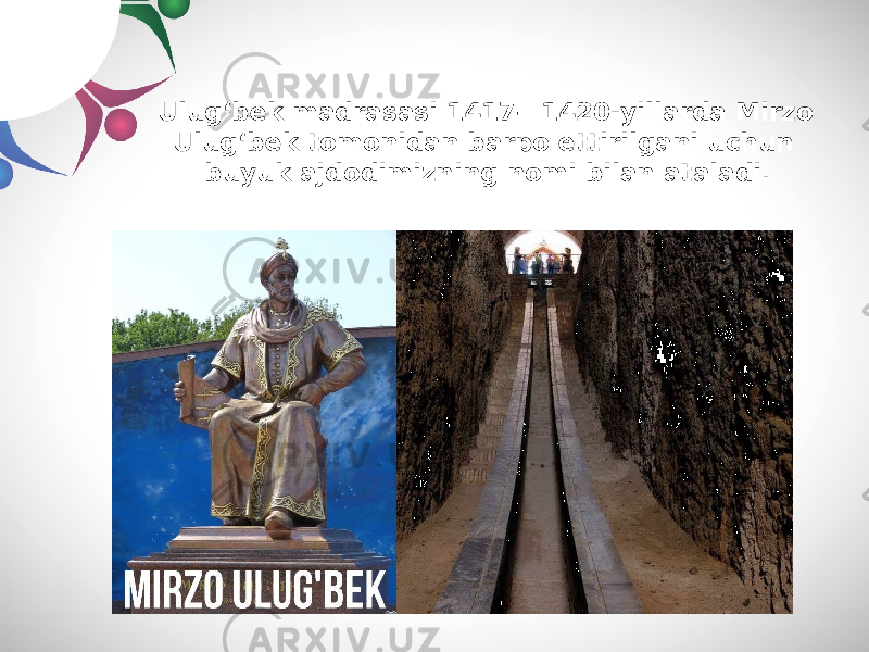Ulug‘bek madrasasi 1417—1420-yillarda Mirzo Ulug‘bek tomonidan barpo ettirilgani uchun buyuk ajdodimizning nomi bilan ataladi. 