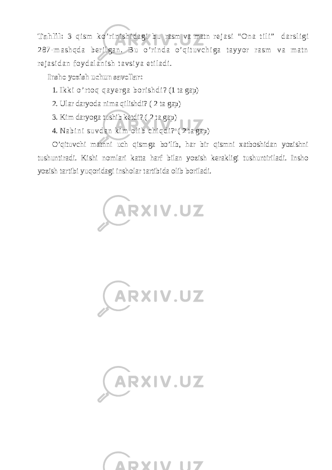 T a h l i l : 3 q i s m k o ’ r i n i s h i d a g i b u rasm va matn r e j a s i “ O n a t i l i ” d a r s l i g i 2 8 7 - m a s h q d a b e r i l g a n . B u o ’ r i n d a o ’ q i t u v c h i g a t a y y o r r a s m v a m a t n r e j a s i d a n f o y d a l a n i s h t a v s i y a e t i l a d i . Insho yozish uchun savollar: 1. I k k i o ’ r t o q q a y e r g a b o r i s h d i ? (1 ta gap) 2. Ular daryoda nima qilishdi? ( 2 ta gap) 3. Kim daryoga tushib ketdi? ( 2 ta gap) 4. N a b i n i s u v d a n k i m o l i b c h i q d i ? ( 2 ta gap) O’qituvchi matnni uch qismga bo’lib, har bir qismni xatboshidan yozishni tushuntiradi. Kishi nomlari katta harf bilan yozish kerakligi tushuntiriladi. Insho yozish tartibi yuqoridagi insholar tartibida olib boriladi. 