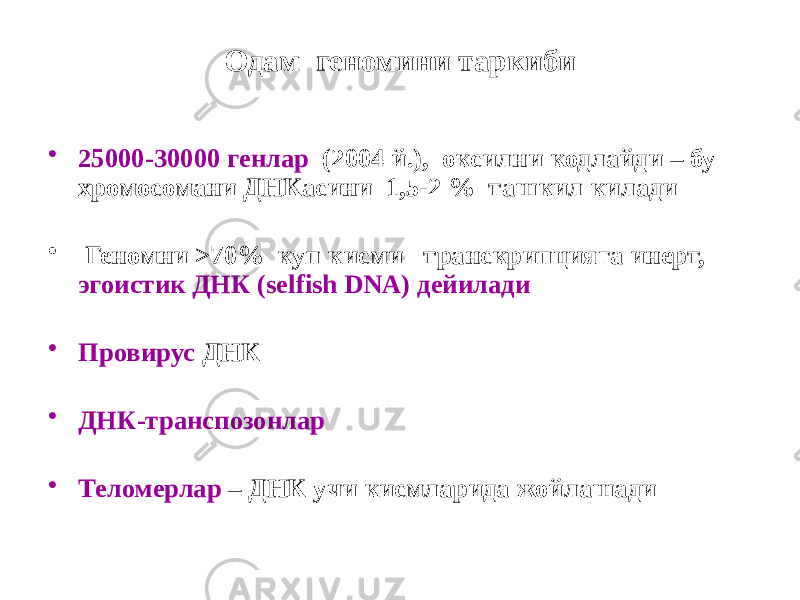 Одам геномини таркиби • 25000-30000 генлар (2004 й.), оксилни кодлайди – бу хромосомани ДНКасини 1,5-2 % ташкил килади • Геномни >70% куп кисми транскрипцияга инерт, эгоистик ДНК (selfish DNA) дейилади • Провирус ДНК • ДНК-транспозонлар • Теломерлар – ДНК учи кисмларида жойлашади 