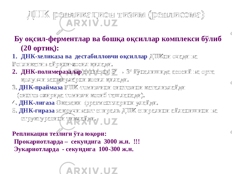 ДНК-репликацион тизим (реплисома) Бу оқсил-ферментлар ва бошқа оқсиллар комплекси бўлиб (20 ортиқ): 1. ДНК-хеликаза ва дестабилловчи оқсиллар ДНКни очади ва Репликатив айрини хосил қилади. 2. ДНК-полимеразалар синтезни 5&#39; → 3‘ йўналишида асосий ва орта қолувчи занжирларни хосил қилади. 3. ДНК-праймаза РНК-томизғини синтезини катализлайди (синтез охирида томизғи кесиб ташланади). 4. ДНК-лигаза Оказаки фрагментларини улайди. 5. ДНК-гираза закручивают спираль ДНК спиралини айланишини ва структурасини тиклайди. Репликация тезлиги ўта юқори: Прокариотларда – секундига 3000 ж.н. !!! Эукариотларда - секундига 100-300 ж.н. 