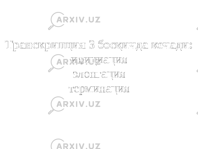 Транскрипция 3 босқичда кечади: инициация элонгация терминация 