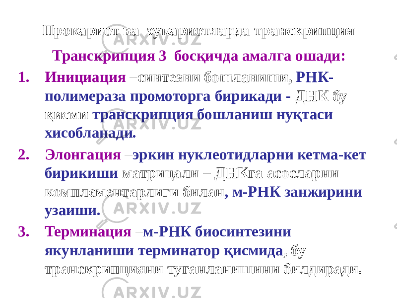 Прокариот ва эукариотларда транскрипция Транскрипция 3 босқичда амалга ошади: 1. Инициация –синтезни бошланиши, РНК- полимераза промоторга бирикади - ДНК бу қисми транскрипция бошланиш нуқтаси хисобланади. 2. Элонгация – эркин нуклеотидларни кетма-кет бирикиши матрицали – ДНКга асосларни комплементарлиги билан , м-РНК занжирини узаиши. 3. Терминация – м-РНК биосинтезини якунланиши терминатор қисмида , бу транскрипцияни туганланишини билдиради. 