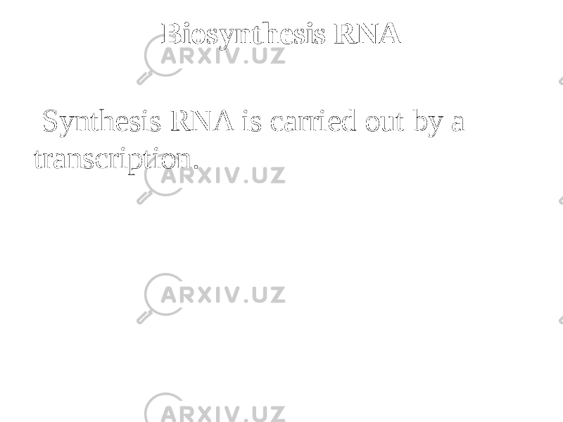 Biosynthesis RNA Synthesis RNA is carried out by a transcription. 