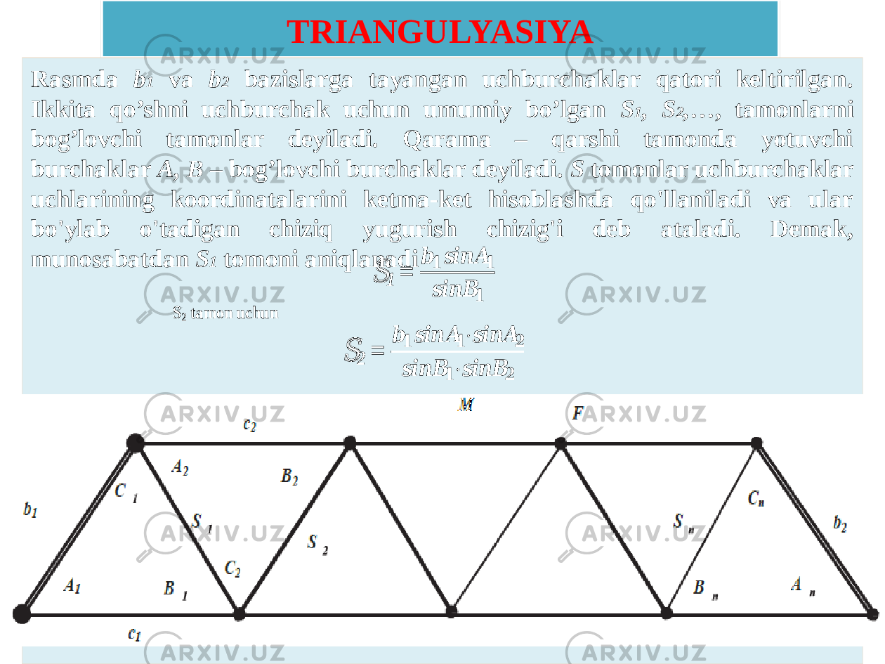 TRIANGULYASIYA Rasmda b 1 va b 2 bazislarga tayangan uchburchaklar qatori keltirilgan. Ikkita qo’shni uchburchak uchun umumiy bo’lgan S 1 , S 2 , …, tamonlarni bog’lovchi tamonlar deyiladi. Qarama – qarshi tamonda yotuvchi burchaklar A, B – bog’lovchi burchaklar deyiladi. S tomonlar uchburchaklar uchlarining koordinatalarini ketma-ket hisoblashda qo&#39;llaniladi va ular bo&#39;ylab o&#39;tadigan chiziq yugurish chizig&#39;i deb ataladi. Demak, munosabatdan S 1 tomoni aniqlanadi&#55349;&#56390; 1 = &#55349;&#56451; &#55349;&#57295; &#55349;&#56468;&#55349;&#56458;&#55349;&#56463; &#55349;&#56424; &#55349;&#57295; &#55349;&#56468;&#55349;&#56458;&#55349;&#56463;&#55349;&#56425; &#55349;&#57295; S 2 tamon uchun &#55349;&#56390; 2 = &#55349;&#56451; &#55349;&#57295; &#55349;&#56468;&#55349;&#56458;&#55349;&#56463; &#55349;&#56424; &#55349;&#57295; ·&#55349;&#56468;&#55349;&#56458;&#55349;&#56463; &#55349;&#56424; &#55349;&#57296; &#55349;&#56468;&#55349;&#56458;&#55349;&#56463;&#55349;&#56425; &#55349;&#57295; ·&#55349;&#56468;&#55349;&#56458;&#55349;&#56463;&#55349;&#56425; &#55349;&#57296; 02 