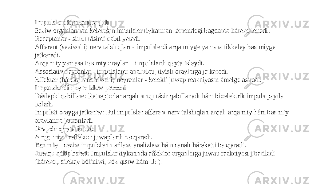 Impulslerdiń uzatılıw jolı Seziw organlarınan keletuģın impulsler tiykarınan tómendegi bagdarda háreketlenedi: Receptorlar - sirtqı tásirdi qabıl yetedi. Afferent (seziwshi) nerv talshıqları - impulslerdi arqa miyge yamasa tikkeley bas miyge jetkeredi. Arqa miy yamasa bas miy orayları - impulslerdi qayta isleydi. Assosiativ neyronlar - impulslerdi analizlep, tiyisli oraylarga jetkeredi. Effektor (háreketlendiriwshi) neyronlar - kerekli juwap reakciyasın ámelge asıradı. Impulslerdi qayta islew procesi Dáslepki qabillaw: Retseptorlar arqalı sırtqı tásir qabıllanadı hám bioelektrik impuls payda boladı. Impulsti orayga jetkeriw: Bul impulsler afferent nerv talshıqları arqalı arqa miy hám bas miy oraylarına jetkeriledi. Orayda qayta islew: Arqa miy - reflektor juwaplardı basqaradi. Bas miy - seziw impulslerin ańlaw, analizlew hám sanalı háreketti basqaradi. Juwap qáliplesiwi: Impulslar tiykarında effektor organlarga juwap reakciyası jiberiledi (háreket, silekey bóliniwi, kóz qısıw hám t.b.). 