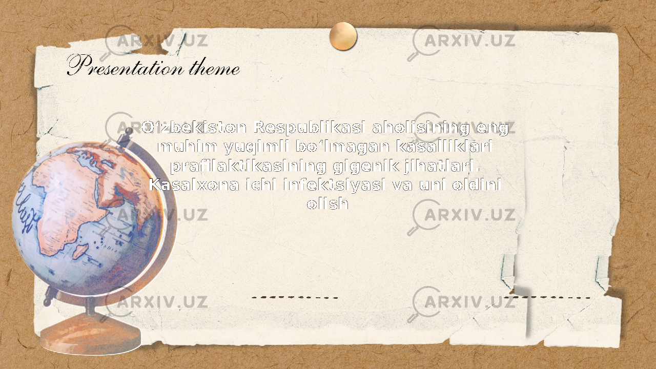 O‘zbekiston Respublikasi aholisining eng muhim yuqimli bo‘lmagan kasalliklari prafilaktikasining gigenik jihatlari. Kasalxona ichi infektsiyasi va uni oldini olish. Inomjonov Nosirjon O‘zbekiston Respublikasi aholisining eng muhim yuqimli bo‘lmagan kasalliklari prafilaktikasining gigenik jihatlari. Kasalxona ichi infektsiyasi va uni oldini olish 