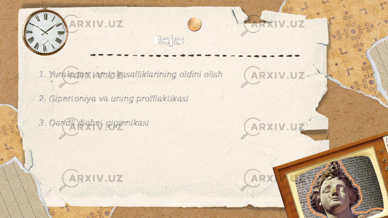 O‘zbekiston Respublikasi aholisining eng muhim yuqimli bo‘lmagan kasalliklari prafilaktikasining gigenik jihatlari. Kasalxona ichi infektsiyasi va uni oldini olish. Inomjonov Nosirjon Reja: 1. Yurak-qon tomir kasalliklarining oldini olish 2. Gipertoniya va uning profilaktikasi 3. Qandli diabet gigienikasi 