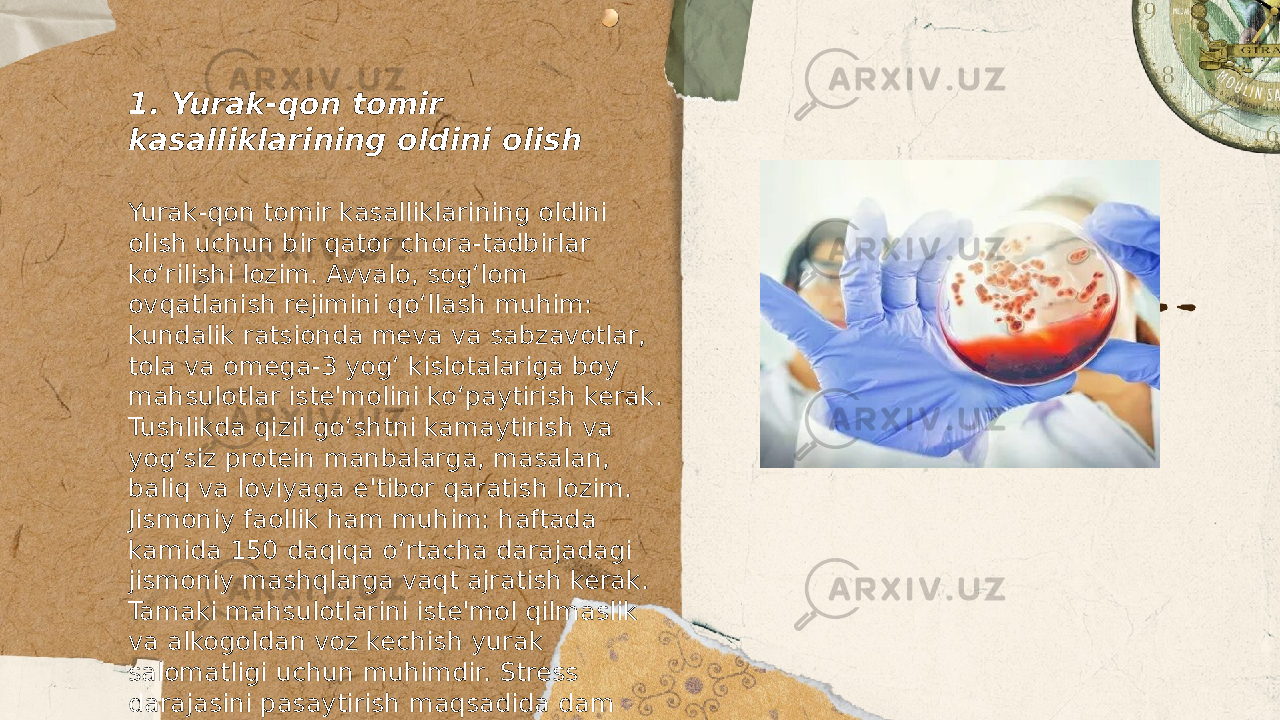 ... t.me/slaydai_bot1. Yurak-qon tomir kasalliklarining oldini olish Yurak-qon tomir kasalliklarining oldini olish uchun bir qator chora-tadbirlar ko‘rilishi lozim. Avvalo, sog‘lom ovqatlanish rejimini qo‘llash muhim: kundalik ratsionda meva va sabzavotlar, tola va omega-3 yog‘ kislotalariga boy mahsulotlar iste&#39;molini ko‘paytirish kerak. Tushlikda qizil go‘shtni kamaytirish va yog‘siz protein manbalarga, masalan, baliq va loviyaga e&#39;tibor qaratish lozim. Jismoniy faollik ham muhim: haftada kamida 150 daqiqa o‘rtacha darajadagi jismoniy mashqlarga vaqt ajratish kerak. Tamaki mahsulotlarini iste&#39;mol qilmaslik va alkogoldan voz kechish yurak salomatligi uchun muhimdir. Stress darajasini pasaytirish maqsadida dam olish va meditatsiya foydali. Shuningdek, qon bosimini muntazam kuzatib borish va shifokor maslahatiga rioya qilish lozim. Aholining 30 foizida yuqori qon bosimi mavjud bo‘lib, ushbu raqamni kamaytirish yurak xastaliklarini kamaytirishga yordam beradi. Xolesterol darajasini nazorat qilish ham muhim sanaladi, uni muntazam ravishda tekshirish kerak. 