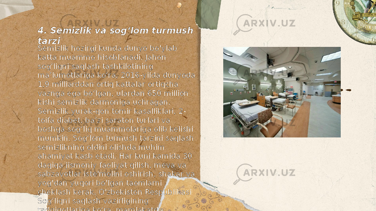 ... t.me/slaydai_bot4. Semizlik va sog‘lom turmush tarzi Semizlik hozirgi kunda dunyo bo&#39;ylab katta muammo hisoblanadi. Jahon sog‘liqni saqlash tashkilotining ma’lumotlariga ko‘ra, 2016-yilda dunyoda 1,9 milliarddan ortiq kattalar ortiqcha vaznga ega bo‘lgan, ulardan 650 million kishi semizlik darmoniga uchragan. Semizlik yurak-qon tomir kasalliklari, 2- toifa diabet, ba’zi saraton turlari va boshqa sog‘liq muammolariga olib kelishi mumkin. Sog‘lom turmush tarzini saqlash semizlikning oldini olishda muhim ahamiyat kasb etadi. Har kuni kamida 30 daqiqa jismoniy faoliyat qilish, meva va sabzavotlar iste&#39;molini oshirish, shakar va yog&#39;dan yuqori bo&#39;lgan taomlarni cheklash kerak. O&#39;zbekiston Respublikasi Sog‘liqni saqlash vazirligining tadqiqotlariga ko‘ra, mamlakatda semizlikka chalingan aholining ulushi ortmoqda, 2019-yilda o‘tkazilgan tahlillarga ko‘ra 18 yoshdan katta aholining taxminan 20 foizi ortiqcha vaznga ega deb topilgan. Bu raqamlar sog‘lom turmush tarzi va sifatli ovqatlanishga e&#39;tibor qaratish zarurligini ko&#39;rsatadi. 