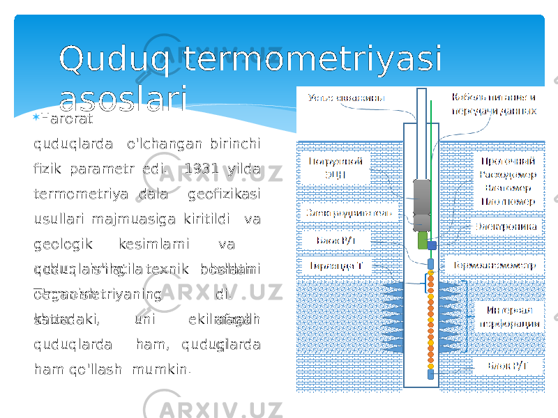  H ar o ra t qu d uq lar d a o&#39;lchangan birinchi fizik parametr edi. 1931 yilda termometriya dala geofizikasi usullari majmuasiga kiritildi va geologik kesimlarni va quduqlarning texnik holatini o&#39;rganishuchun ishlatila T e rmo met ri ya nin g ka t t a bo s h l a n d i . a f zall i gishundaki, uni ekilmagan quduqlarda ham, quduqlarda ham qo&#39;llash mumkin.Quduq termometriyasi asoslari 