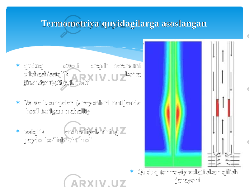 Termometriya quyidagilarga asoslangan haroratni quduq stvoli orqali o&#39; lc hashiss i q li k x u s us iy a t l a r iga k o&#39; r a jinslarning farqlanishi  f/x va boshqalar jarayonlari natijasida hosil bo&#39;lgan mahalliy  iss i q l ik a n o maliya la r i n in g p ay d o bo&#39;lishi ehtimoli  Quduq termoviy xolati skan qilish jarayoni 