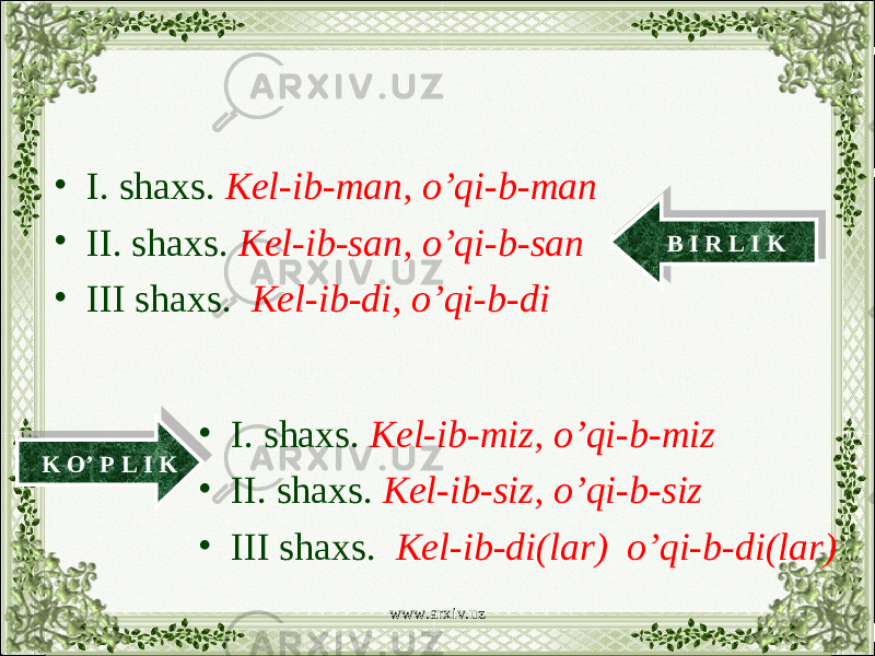 • I. shaxs. Kel-ib-man, o’qi-b-man • II. shaxs. Kel-ib-san, o’qi-b-san • III shaxs. Kel-ib-di, o’qi-b-di • I. shaxs. Kel-ib-miz, o’qi-b-miz • II. shaxs. Kel-ib-siz, o’qi-b-siz • III shaxs. Kel-ib-di(lar) o’qi-b-di(lar) B I R L I K K O’ P L I K www.arxiv.uz16 19 