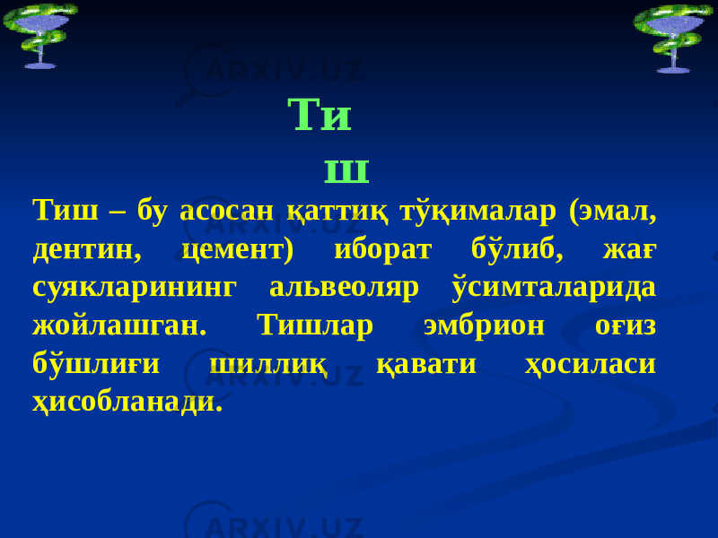 Ти ш Тиш – бу асосан қаттиқ тўқималар (эмал, дентин, цемент) иборат бўлиб, жағ суякларининг альвеоляр ўсимталарида жойлашган. Тишлар эмбрион оғиз бўшлиғи шиллиқ қавати ҳосиласи ҳисобланади. 