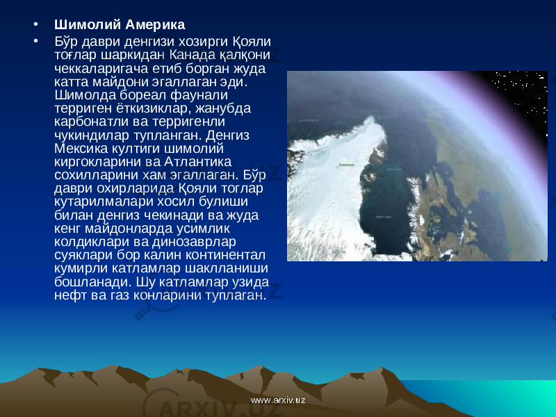 • Шимолий Америка • Б ў р даври денгизи хозирги Қоя ли то ғ лар шаркидан Канада қ ал қо ни чеккаларигача етиб борган жуда катта майдони эгаллаган эди. Шимолда бореал фаунали терриген ёткизиклар, жанубда карбонатли ва терригенли чукиндилар тупланган. Денгиз Мексика култиги шимолий киргокларини ва Атлантика сохилларини хам эгаллаган. Б ў р даври охирларида Қояли тоглар кутарилмалари хосил булиши билан денгиз чекинади ва жуда кенг майдонларда усимлик колдиклари ва динозаврлар суяклари бор калин континентал кумирли катламлар шаклланиши бошланади. Шу катламлар узида нефт ва газ конларини туплаган. www.arxiv.uzwww.arxiv.uz 