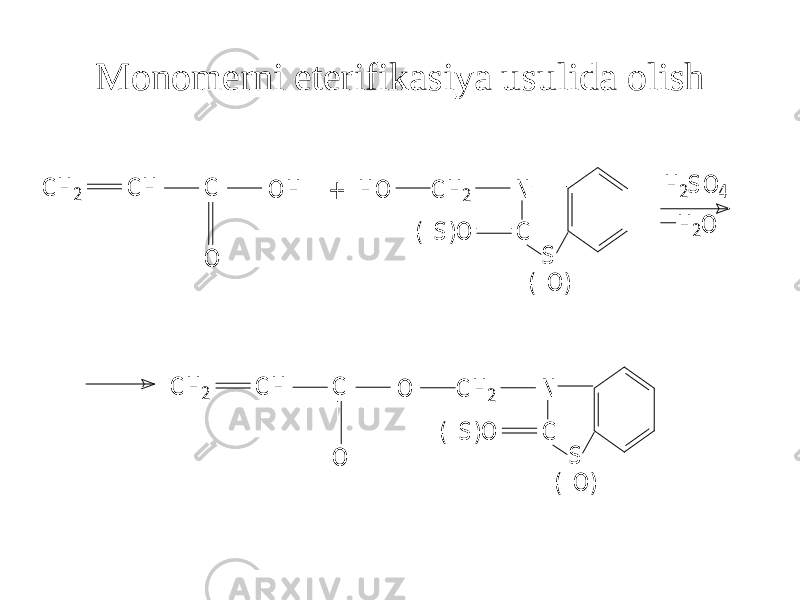 Monomerni eterifikasiya usulida olishС H 2 C H C O O H + N C O S ( O ) ( S ) С H 2 O H H 2S O 4 O O C C H С H 2 С H 2 ( S ) ( O ) S O C N H 2O 