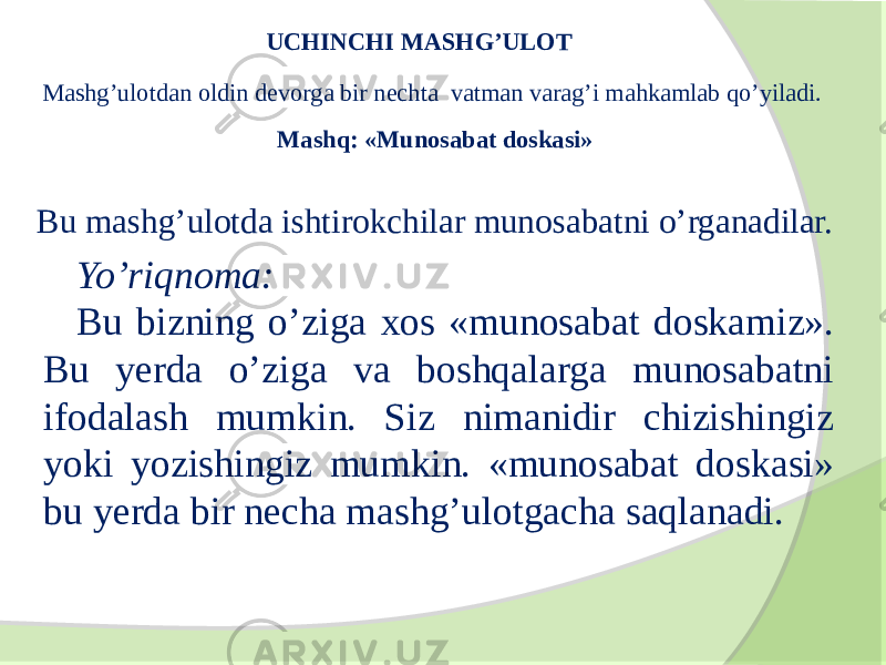 UCHINCHI MASHG’ULOT Bu mashg’ulotda ishtirokchilar munosabatni o’rganadilar. Mashq: «Munosabat doskasi»Mashg’ulotdan oldin devorga bir nechta vatman varag’i mahkamlab qo’yiladi. Yo’riqnoma: Bu bizning o’ziga xos «munosabat doskamiz». Bu yerda o’ziga va boshqalarga munosabatni ifodalash mumkin. Siz nimanidir chizishingiz yoki yozishingiz mumkin. «munosabat doskasi» bu yerda bir necha mashg’ulotgacha saqlanadi. 