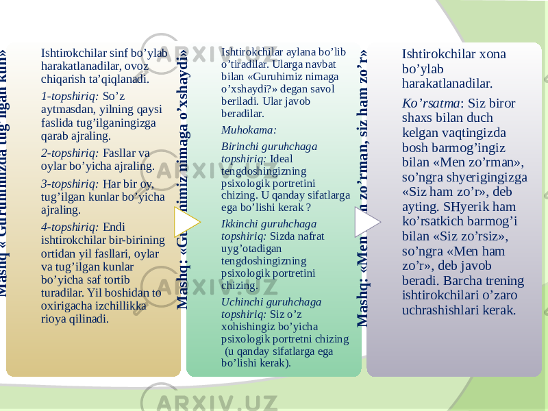 M a sh q « G u ru h im izd a tu g ’ilg a n k u n »Ishtirokchilar sinf bo’ylab harakatlanadilar, ovoz chiqarish ta’qiqlanadi. 1-topshiriq: So’z aytmasdan, yilning qaysi faslida tug’ilganingizga qarab ajraling. 2-topshiriq: Fasllar va oylar bo’yicha ajraling. 3-topshiriq: Har bir oy, tug’ilgan kunlar bo’yicha ajraling. 4-topshiriq: Endi ishtirokchilar bir-birining ortidan yil fasllari, oylar va tug’ilgan kunlar bo’yicha saf tortib turadilar. Yil boshidan to oxirigacha izchillikka rioya qilinadi. M a sh q : « G u ru h im iz n im a g a o ’x sh a y d i» Ishtirokchilar aylana bo’lib o’tiradilar. Ularga navbat bilan «Guruhimiz nimaga o’xshaydi?» degan savol beriladi. Ular javob beradilar. Muhokama: Birinchi guruhchaga topshiriq: Ideal tengdoshingizning psixologik portretini chizing. U qanday sifatlarga ega bo’lishi kerak ? Ikkinchi guruhchaga topshiriq: Sizda nafrat uyg’otadigan tengdoshingizning psixologik portretini chizing. Uchinchi guruhchaga topshiriq: Siz o’z xohishingiz bo’yicha psixologik portretni chizing (u qanday sifatlarga ega bo’lishi kerak). M ash q : « M en h a m zo ’rm a n , siz h am zo ’r» Ishtirokchilar xona bo’ylab harakatlanadilar. Ko’rsatma : Siz biror shaxs bilan duch kelgan vaqtingizda bosh barmog’ingiz bilan «Men zo’rman», so’ngra shyerigingizga «Siz ham zo’r», deb ayting. SHyerik ham ko’rsatkich barmog’i bilan «Siz zo’rsiz», so’ngra «Men ham zo’r», deb javob beradi. Barcha trening ishtirokchilari o’zaro uchrashishlari kerak. 