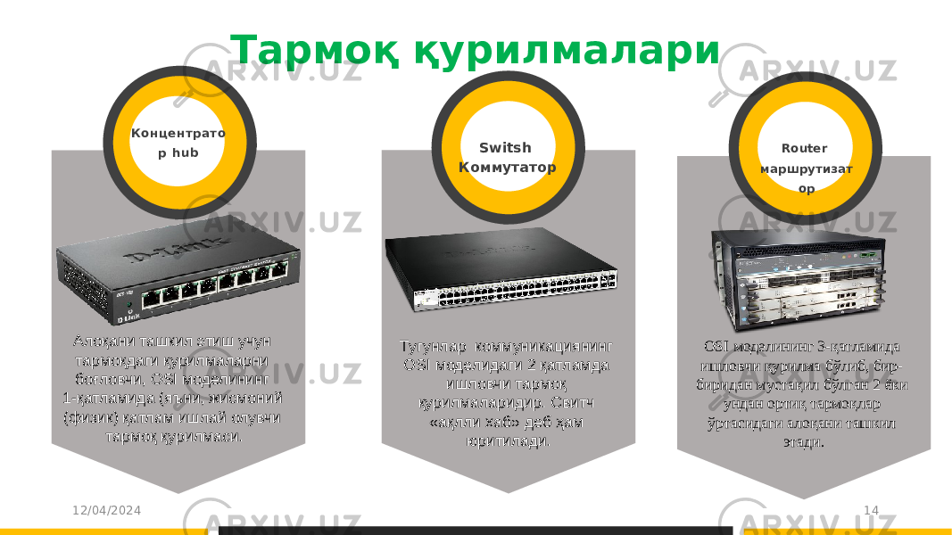 Тармоқ қурилмалари Switsh Коммутатор 12/04/2024 14Router маршрутизат орКонцентр ато р hub Алоқани ташкил этиш учун тармоқдаги қурилмаларни боғловчи, OSI моделининг 1-қатламида (яъни, жисмоний (физик) қатлам ишлай олувчи тармоқ қурилмаси. Тугунлар коммуникациянинг OSI моделидаги 2 қатламда ишловчи тармоқ қурилмаларидир. Свитч «ақлли хаб» деб ҳам юритилади. OSI моделининг 3-қатламида ишловчи қурилма бўлиб, бир- биридан мустақил бўлган 2 ёки ундан ортиқ тармоқлар ўртасидаги алоқани ташкил этади. 