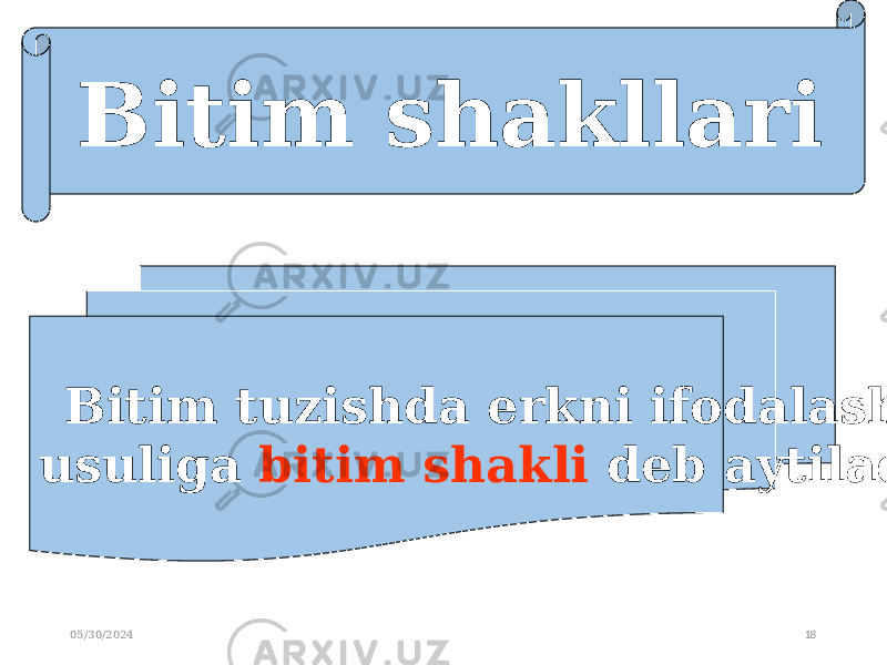 05/30/2024 18Bitim shakllari Bitim tuzishda erkni ifodalash usuliga bitim shakli deb aytiladi 