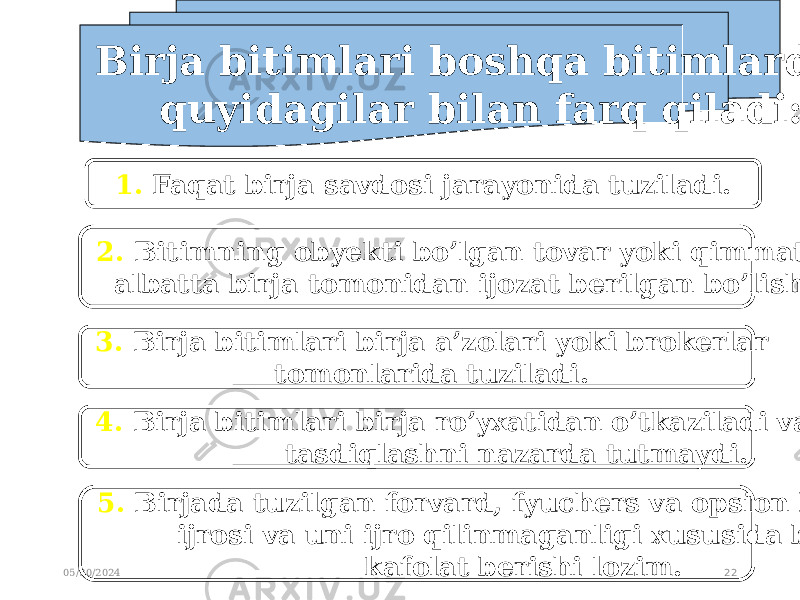 05/30/2024 22Birja bitimlari boshqa bitimlardan quyidagilar bilan farq qiladi: 1. Faqat birja savdosi jarayonida tuziladi. 2. Bitimning obyekti bo’lgan tovar yoki qimmatli qog’oz albatta birja tomonidan ijozat berilgan bo’lishi lozim. 3. Birja bitimlari birja a’zolari yoki brokerlar tomonlarida tuziladi. 4. Birja bitimlari birja ro’yxatidan o’tkaziladi va notarial tasdiqlashni nazarda tutmaydi. 5. Birjada tuzilgan forvard, fyuchers va opsion bitimlarni ijrosi va uni ijro qilinmaganligi xususida birga kafolat berishi lozim. 