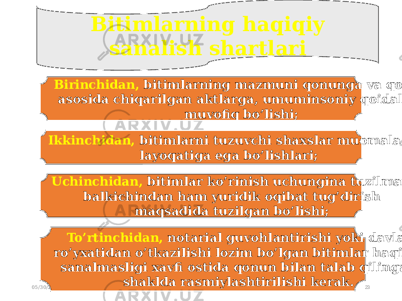 05/30/2024 23Bitimlarning haqiqiy sanalish shartlari Birinchidan, bitimlarning mazmuni qonunga va qonun asosida chiqarilgan aktlarga, umuminsoniy qoidalarga muvofiq bo’lishi; Ikkinchidan, bitimlarni tuzuvchi shaxslar muomala layoqatiga ega bo’lishlari; Uchinchidan, bitimlar ko’rinish uchungina tuzilmay, balkichindan ham yuridik oqibat tug’dirish maqsadida tuzilgan bo’lishi; To’rtinchidan, notarial guvohlantirishi yoki davlat ro’yxatidan o’tkazilishi lozim bo’lgan bitimlar haqiqiy sanalmasligi xavfi ostida qonun bilan talab qilingan shaklda rasmiylashtirilishi kerak. 