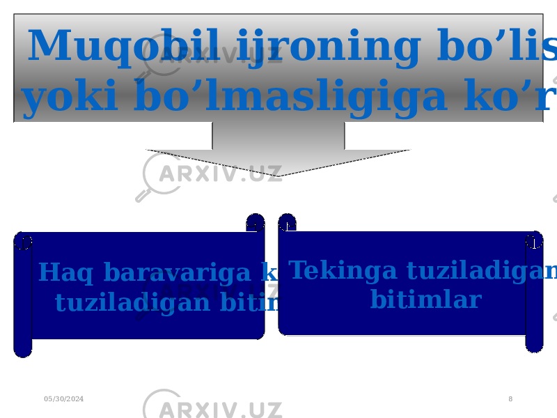 05/30/2024 8Muqobil ijroning bo’lish yoki bo’lmasligiga ko’ra: Haq baravariga ko’ra tuziladigan bitimlar Tekinga tuziladigan bitimlar 