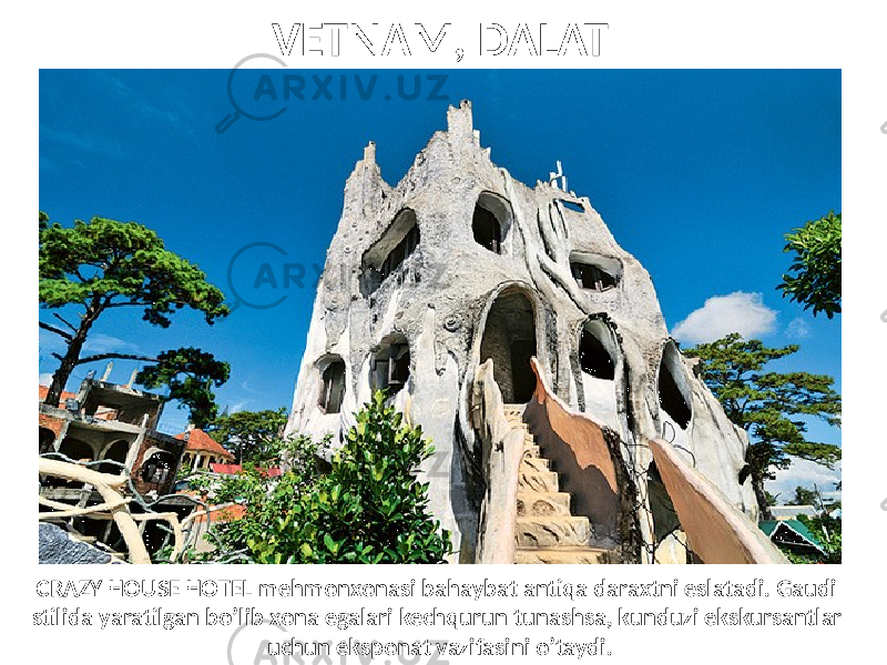 VETNAM, DALAT CRAZY HOUSE HOTEL mehmonxonasi bahaybat antiqa daraxtni eslatadi. Gaudi stilida yaratilgan bo’lib xona egalari kechqurun tunashsa, kunduzi ekskursantlar uchun eksponat vazifasini o’taydi. 