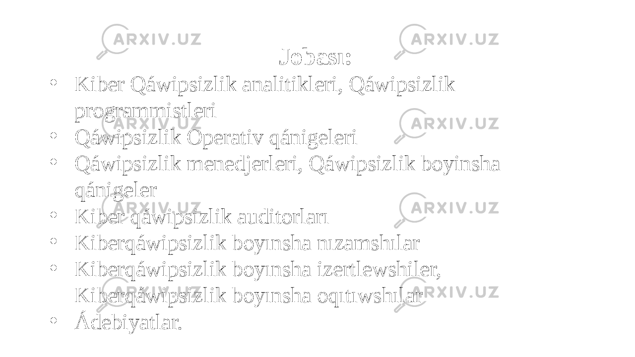 Jobası: • Kiber Qáwipsizlik analitikleri, Qáwipsizlik programmistleri • Qáwipsizlik Operativ qánigeleri • Qáwipsizlik menedjerleri, Qáwipsizlik boyinsha qánigeler • Kiber qáwipsizlik auditorları • Kiberqáwipsizlik boyınsha nızamshılar • Kiberqáwipsizlik boyınsha izertlewshiler, Kiberqáwipsizlik boyınsha oqıtıwshılar • Ádebiyatlar. 