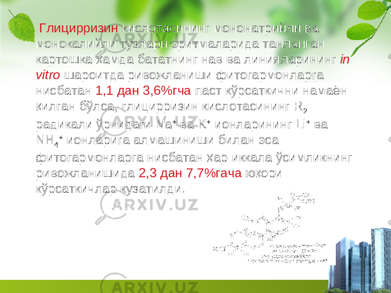  Г лицирризин кислотасининг мононатрийли ва монокалийли тузлари эритмаларида танланган картошка ҳамда бататнинг нав ва линия ларининг in vitro шароитда ривожланиши фитогармонларга нисбатан 1,1 дан 3,6%гча паст кўрсаткични намаён қилган бўлса, глицирризин кислотасининг R 2 радикали ўрнидаги Na + ва K + ионларининг Li + ва NH 4 + ионларига алмашиниши билан эса фитогармонларга нисбатан ҳар иккала ўсимликнинг ривожланишида 2,3 дан 7,7%гача юқори кўрсаткичлар кузатилди. 