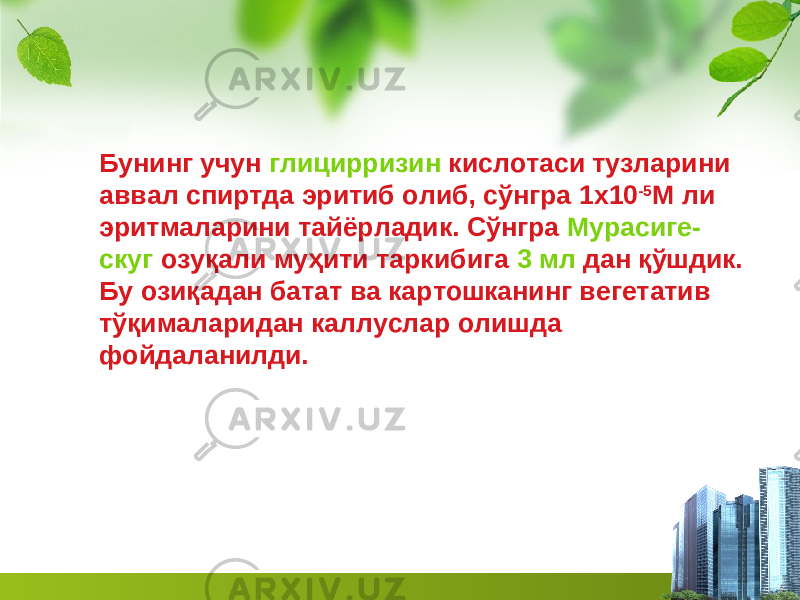 Бунинг учун глицирризин кислотаси тузларини аввал спиртда эритиб олиб, сўнгра 1 х 10 -5 М ли эритмаларини тайёрладик. Сўнгра Мурасиге- скуг озуқали муҳити таркибига 3 мл дан қўшдик. Бу озиқа дан батат ва картошканинг вегетатив тўқималаридан каллуслар олишда фойдаланилди. 