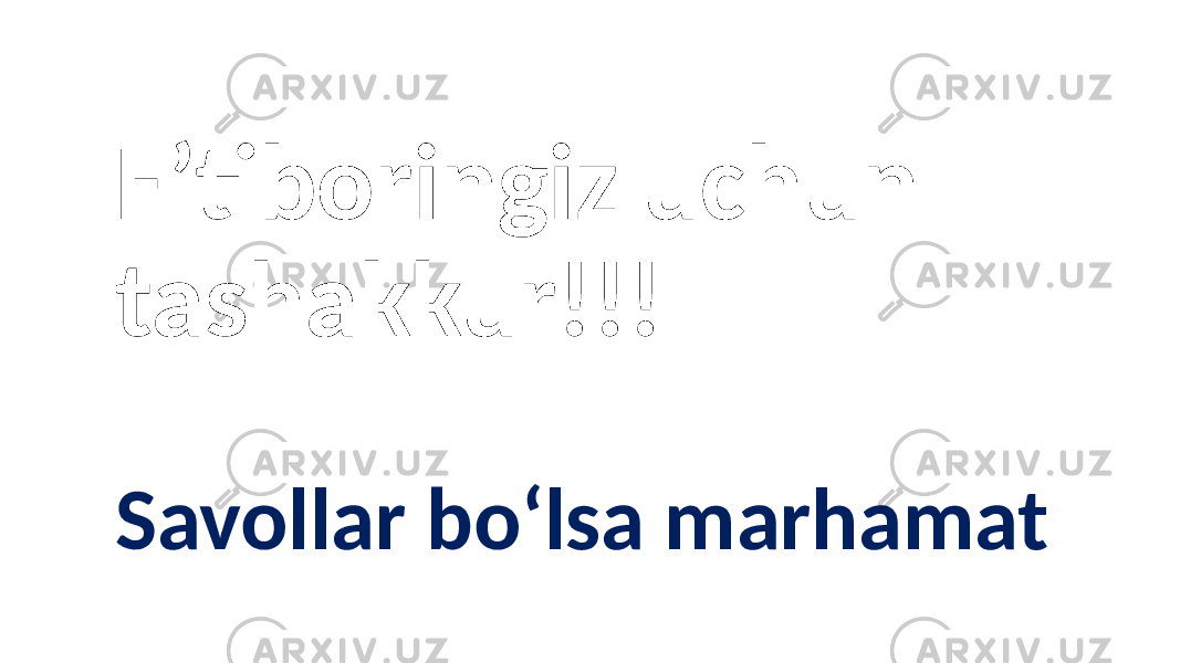 E’tiboringiz uchun tashakkur!!! Savollar boʻlsa marhamat 