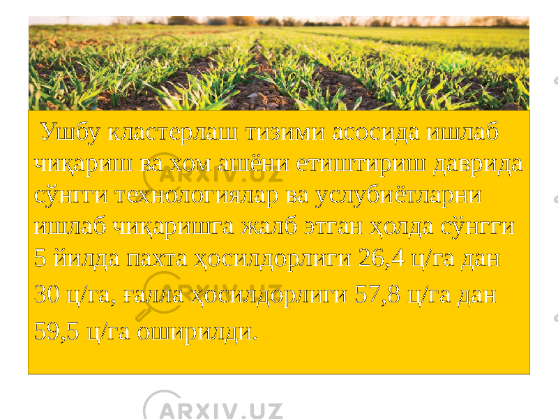  Ушбу кластерлаш тизими асосида ишлаб чиқариш ва хом ашёни етиштириш даврида сўнгги технологиялар ва услубиётларни ишлаб чиқаришга жалб этган ҳолда сўнгги 5 йилда пахта ҳосилдорлиги 26,4 ц/га дан 30 ц/га, ғалла ҳосилдорлиги 57,8 ц/га дан 59,5 ц/га оширилди. 