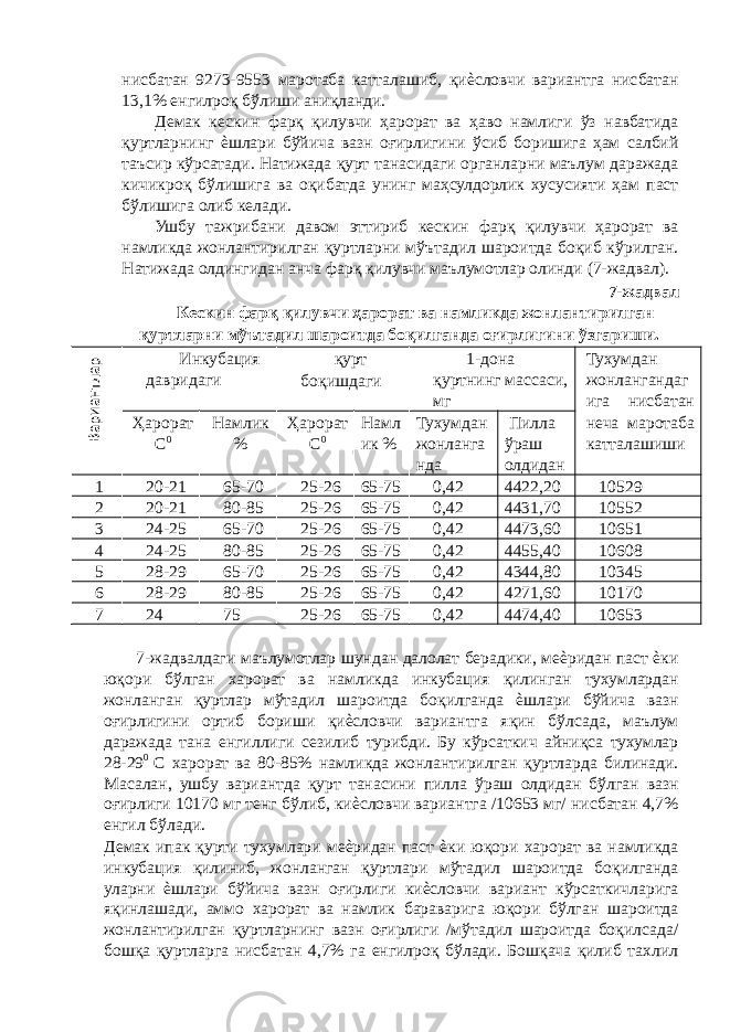 нисбатан 9273-9553 маротаба катталашиб, қиѐсловчи вариантга нисбатан 13,1% енгилроқ бўлиши аниқланди. Демак кескин фарқ қилувчи ҳарорат ва ҳаво намлиги ўз навбатида қуртларнинг ѐшлари бўйича вазн оғирлигини ўсиб боришига ҳам салбий таъсир кўрсатади. Натижада қурт танасидаги органларни маълум даражада кичикроқ бўлишига ва оқибатда унинг маҳсулдорлик хусусияти ҳам паст бўлишига олиб келади. Ушбу тажрибани давом эттириб кескин фарқ қилувчи ҳарорат ва намликда жонлантирилган қуртларни мўътадил шароитда боқиб кўрилган. Натижада олдингидан анча фарқ қилувчи маълумотлар олинди (7-жадвал). 7-жадвал Кескин фарқ қилувчи ҳарорат ва намликда жонлантирилган қуртларни мўътадил шароитда боқилганда оғирлигини ўзгариши. Инкубация давридаги қурт боқишдаги 1-дона қуртнинг массаси, мг Тухумдан жонлангандаг ига нисбатан неча маротаба катталашиши Ҳарорат С 0 Намлик % Ҳарорат С 0 Намл ик % Тухумдан жонланга нда Пилла ўраш олдидан 1 20-21 65-70 25-26 65-75 0,42 4422,20 10529 2 20-21 80-85 25-26 65-75 0,42 4431,70 10552 3 24-25 65-70 25-26 65-75 0,42 4473,60 10651 4 24-25 80-85 25-26 65-75 0,42 4455,40 10608 5 28-29 65-70 25-26 65-75 0,42 4344,80 10345 6 28-29 80-85 25-26 65-75 0,42 4271,60 10170 7 24 75 25-26 65-75 0,42 4474,40 10653 7-жадвалдаги маълумотлар шундан далолат берадики, меѐридан паст ѐки юқори бўлган харорат ва намликда инкубация қилинган тухумлардан жонланган қуртлар мўтадил шароитда боқилганда ѐшлари бўйича вазн оғирлигини ортиб бориши қиѐсловчи вариантга яқин бўлсада, маълум даражада тана енгиллиги сезилиб турибди. Бу кўрсаткич айниқса тухумлар 28-29 0 С харорат ва 80-85% намликда жонлантирилган қуртларда билинади. Масалан, ушбу вариантда қурт танасини пилла ўраш олдидан бўлган вазн оғирлиги 10170 мг тенг бўлиб, киѐсловчи вариантга /10653 мг/ нисбатан 4,7% енгил бўлади. Демак ипак қурти тухумлари меѐридан паст ѐки юқори харорат ва намликда инкубация қилиниб, жонланган қуртлари мўтадил шароитда боқилганда уларни ѐшлари бўйича вазн оғирлиги киѐсловчи вариант кўрсаткичларига яқинлашади, аммо харорат ва намлик бараварига юқори бўлган шароитда жонлантирилган қуртларнинг вазн оғирлиги /мўтадил шароитда боқилсада/ бошқа қуртларга нисбатан 4,7% га енгилроқ бўлади. Бошқача қилиб тахлилВариантлар 