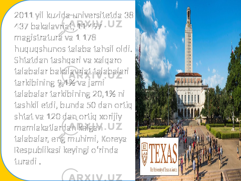 2011 yil kuzida universitetda 38 437 bakalavriat, 11 497 magistratura va 1 178 huquqshunos talaba tahsil oldi. Shtatdan tashqari va xalqaro talabalar bakalavriat talabalari tarkibining 9,1% va jami talabalar tarkibining 20,1% ni tashkil etdi, bunda 50 dan ortiq shtat va 120 dan ortiq xorijiy mamlakatlardan kelgan talabalar, eng muhimi, Koreya Respublikasi keyingi oʻrinda turadi . 