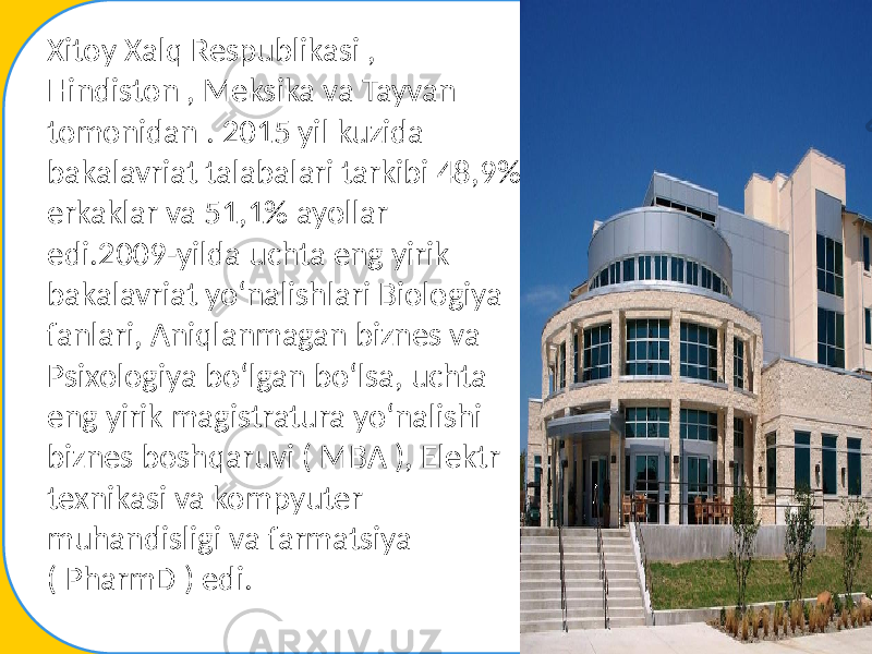 Xitoy Xalq Respublikasi , Hindiston , Meksika va Tayvan tomonidan . 2015 yil kuzida bakalavriat talabalari tarkibi 48,9% erkaklar va 51,1% ayollar edi.2009-yilda uchta eng yirik bakalavriat yoʻnalishlari Biologiya fanlari, Aniqlanmagan biznes va Psixologiya boʻlgan boʻlsa, uchta eng yirik magistratura yoʻnalishi biznes boshqaruvi ( MBA ), Elektr texnikasi va kompyuter muhandisligi va farmatsiya ( PharmD ) edi. 