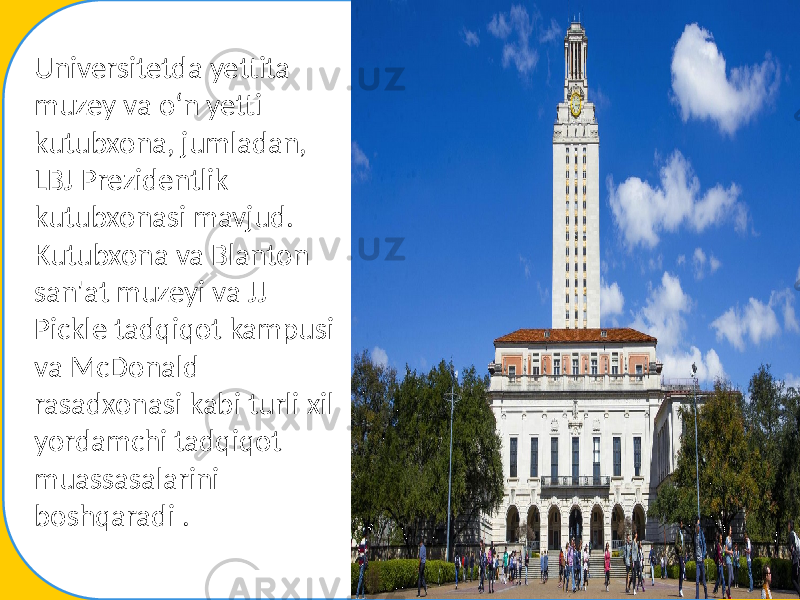 Universitetda yettita muzey va oʻn yetti kutubxona, jumladan, LBJ Prezidentlik kutubxonasi mavjud. Kutubxona va Blanton san&#39;at muzeyi va JJ Pickle tadqiqot kampusi va McDonald rasadxonasi kabi turli xil yordamchi tadqiqot muassasalarini boshqaradi . 