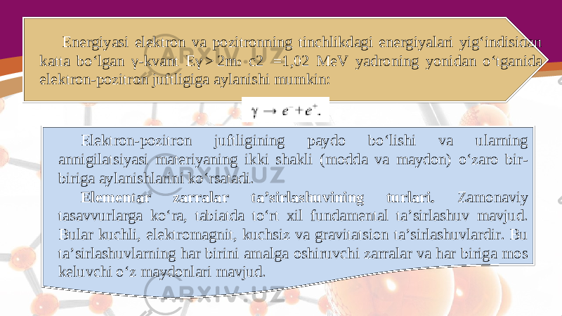 Energiyasi elektron va pozitronning tinchlikdagi energiyalari yig‘indisidan katta bo‘lgan γ- kvant E γ > 2 m 0 c2  =1,02 MeV yadroning yonidan o‘tganida elektron-pozitron juftligiga aylanishi mumkin: Elektron-pozitron juftligining paydo bo‘lishi va ularning annigilatsiyasi materiyaning ikki shakli (modda va maydon) o‘zaro bir- biriga aylanishlarini ko‘rsatadi. Elementar zarralar ta’sirlashuvining turlari. Zamonaviy tasavvurlarga ko‘ra, tabiatda to‘rt xil fundamental ta’sirlashuv mavjud. Bular kuchli, elektromagnit, kuchsiz va gravitatsion ta’sirlashuvlardir. Bu ta’sirlashuvlarning har birini amalga oshiruvchi zarralar va har biriga mos keluvchi o‘z maydonlari mavjud. 