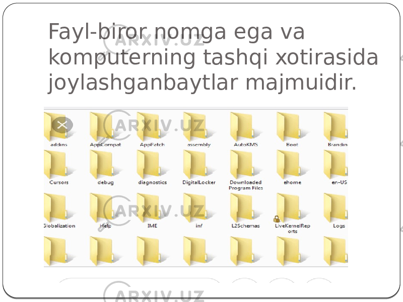 Fayl-biror nomga ega va komputerning tashqi xotirasida joylashganbaytlar majmuidir. 